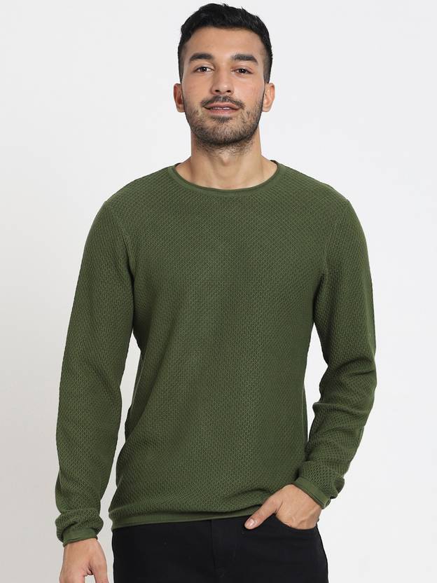 Men Solid Round Neck Green Sweater