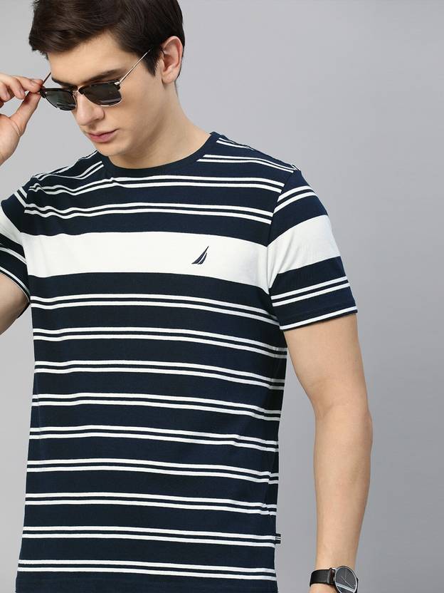 NAUTICA Men Striped Round Neck Pure Cotton Dark Blue T-Shirt