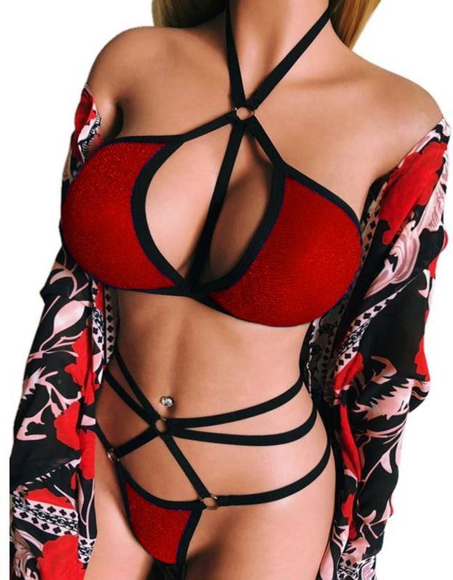 secretlove Bra & Panty Set Self Design Maroon Lingerie Set