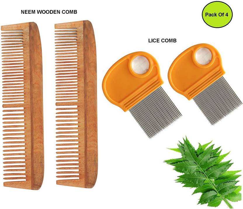 Costfide 2 Handmade Neem Wooden Comb,2 Metal Teeth Lice Comb,pack of 4
