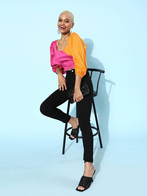 STREET9 Casual Puff Sleeves Color Block Women Pink, Orange Top
