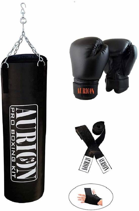 Aurion Unfilled Punching Bag with Boxing Glove 12 Oz Hand wraps Hanging