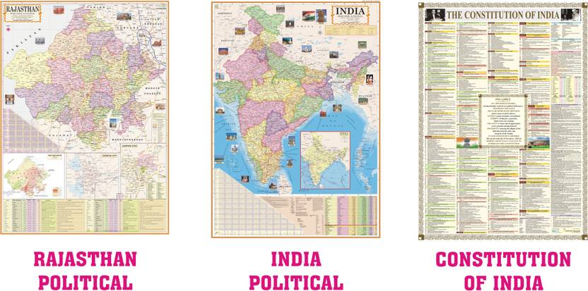 (PACK OF 3)INDIA AND RAJASTHAN POLITICAL ENGLISH WALL MAP AND CONSTITUTION OF INDIA CHART(SIZE:28"*40"), PAPER PRINT, NON LAMINATED, PAPER FOLDED Paper Print