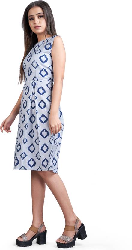 Women A-line Light Blue, White Dress