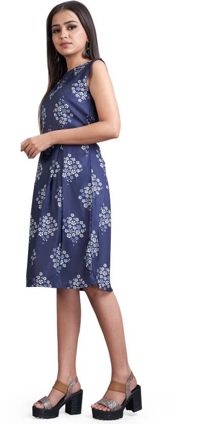 Women Fit and Flare White, Blue Dress