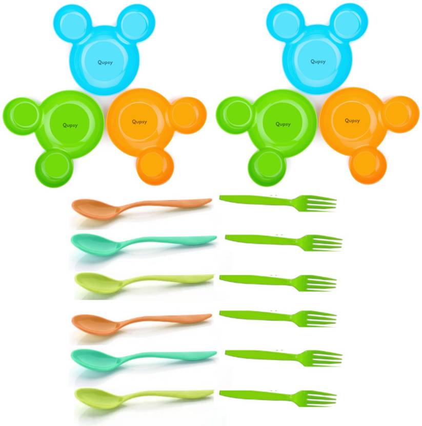 QUPSY Children's Mickey Minnie Shaped Serving Baby Food Plate with Spoon and Fork Set Dinner