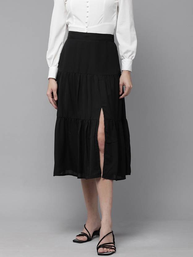RARE Women Solid Flared Black Skirt