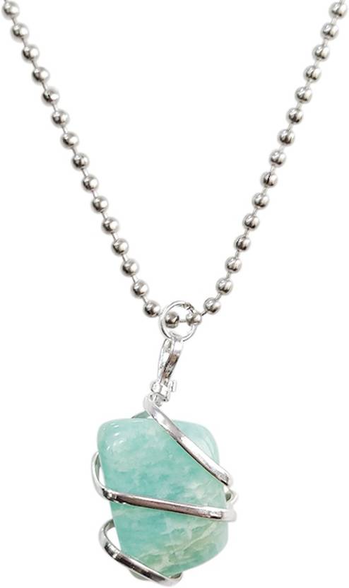 Shubhanjali Amazonite Alloy and Crystal Wire Wrapped Tumble Pendant for Men and Women-Green Stone Locket