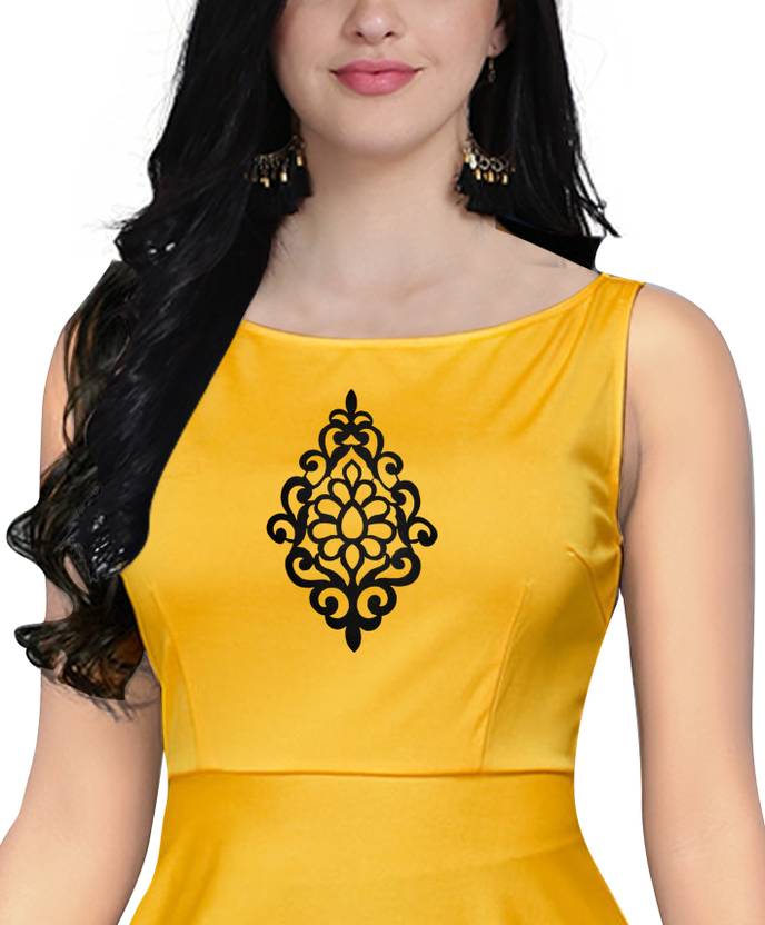 Women A-line Yellow, White Dress