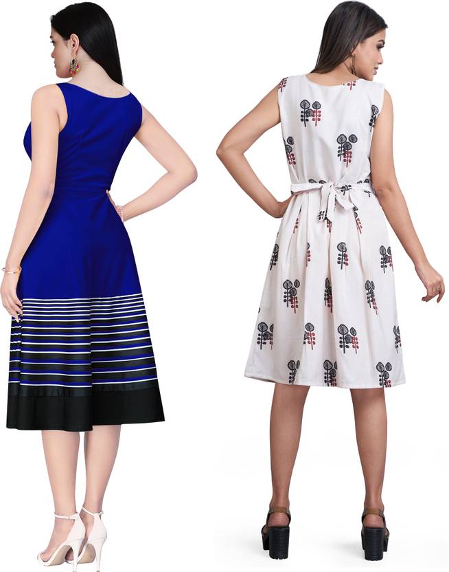 Women A-line Blue, White Dress