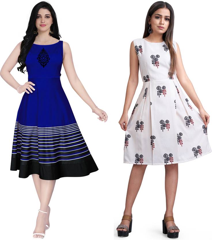 Women A-line Blue, White Dress