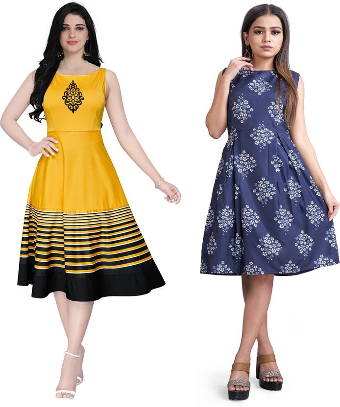 Women A-line Yellow, Blue Dress