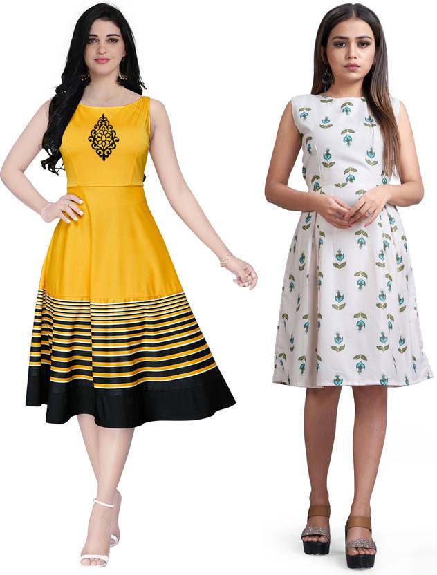 Women A-line Yellow, White Dress
