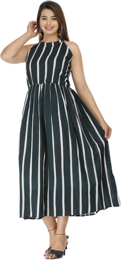 ANNEIV Women Fit and Flare Dark Green Maxi/Full Length Dress
