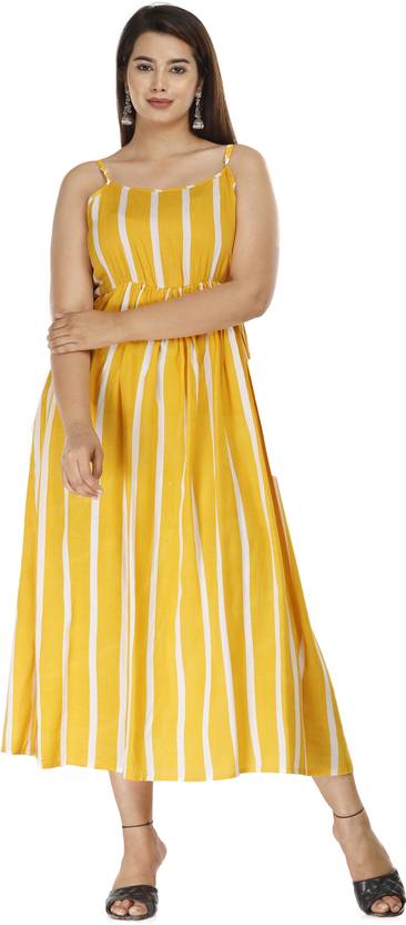 ANNEIV Women Gathered Yellow Midi/Calf Length Dress