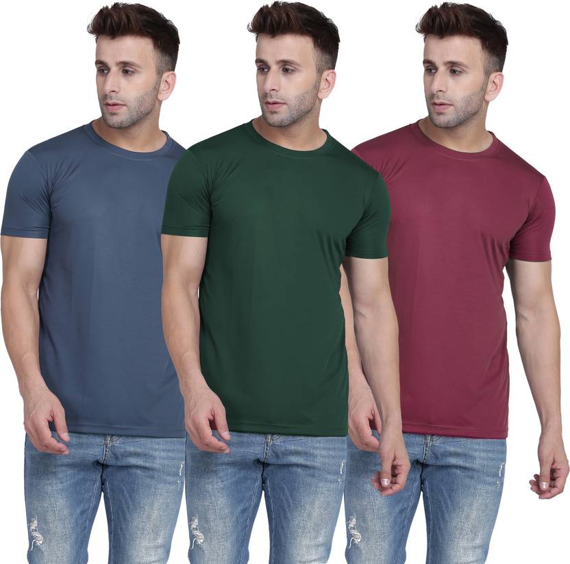 TQH Pack of 3 Men Solid Round Neck Polyester Dark Green, Maroon, Grey T-Shirt
