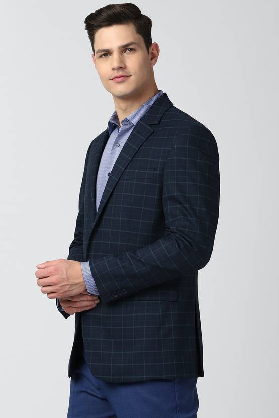 Men Checkered Single Breasted Formal Blazer  (Dark Blue)