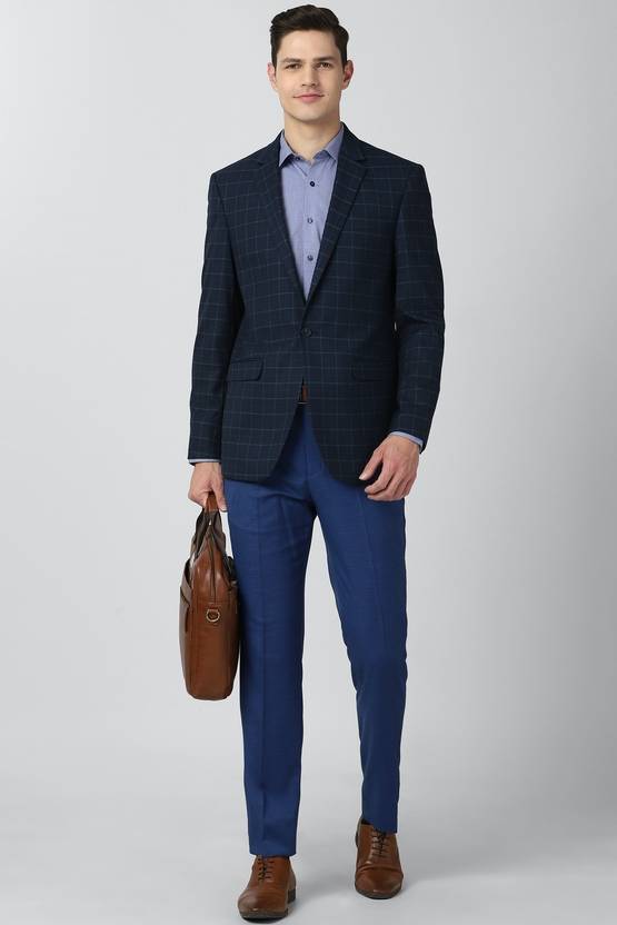 Men Checkered Single Breasted Formal Blazer  (Dark Blue)