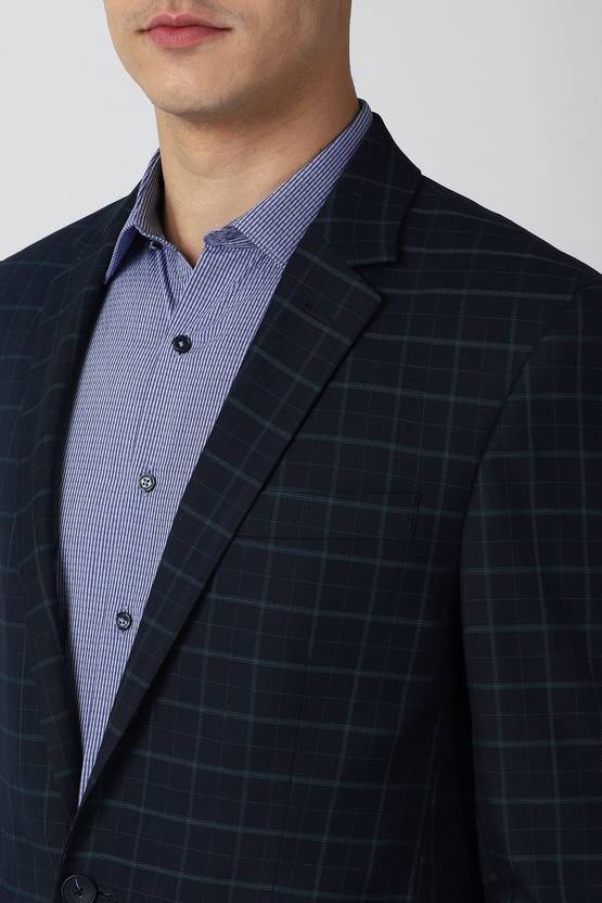 Men Checkered Single Breasted Formal Blazer  (Dark Blue)