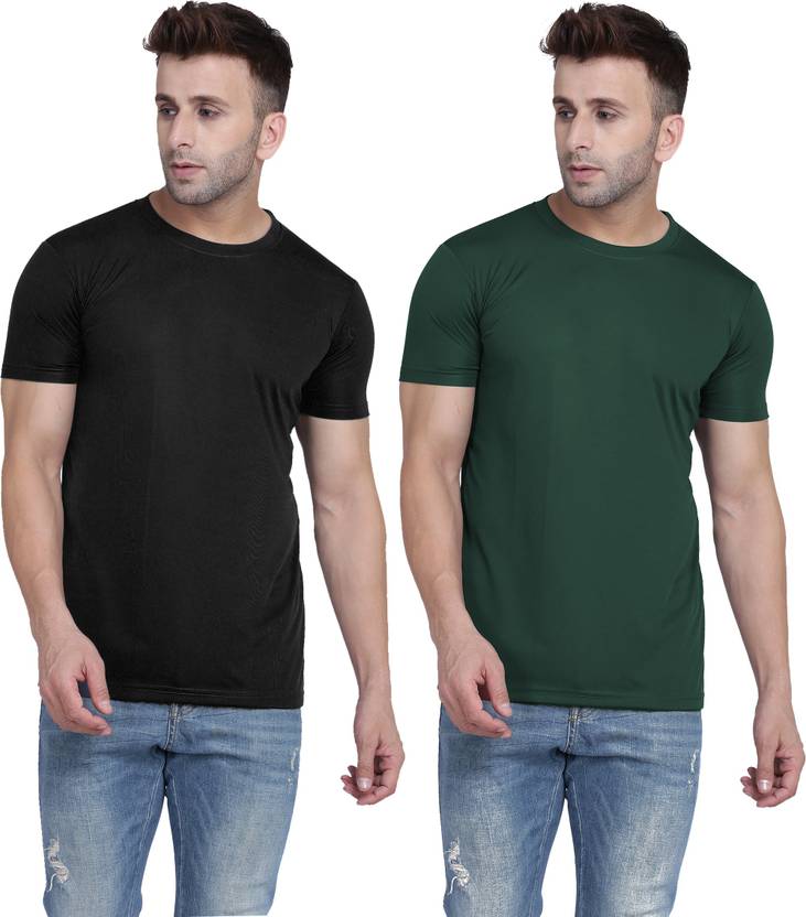 TQH Pack of 2 TQH Men Polyester Half Sleeve Round Neck Black, Green T-shirts (pack of 2) Men Solid Round Neck Polyester Green, Black T-Shirt
