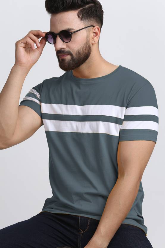 Men Striped Round Neck Pure Cotton Grey T-Shirt