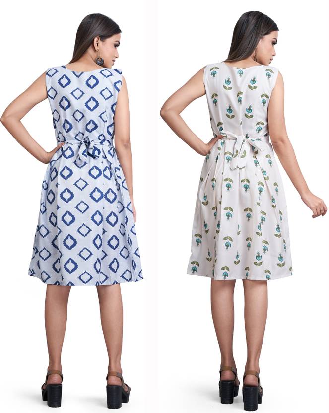 Women A-line Light Blue, White Dress