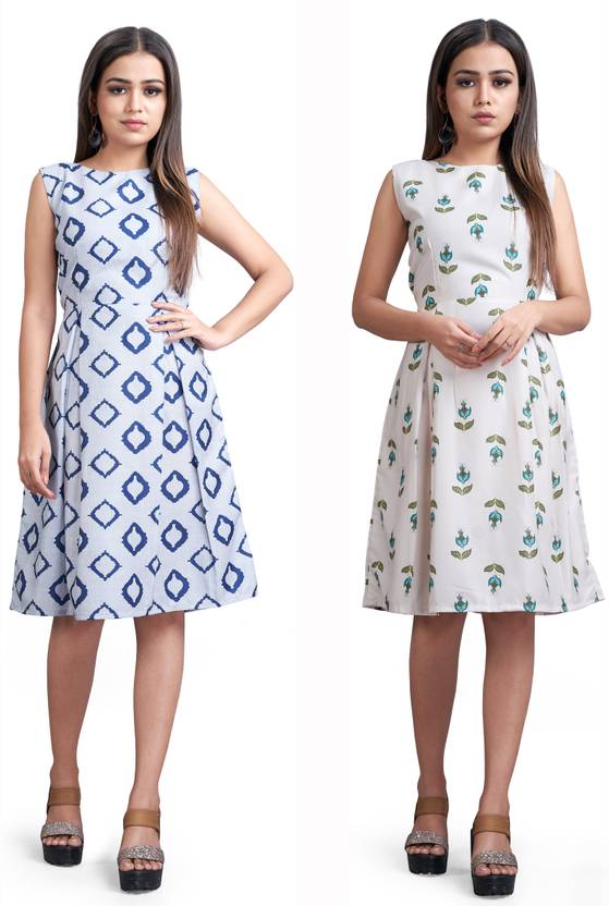 Women A-line Light Blue, White Dress