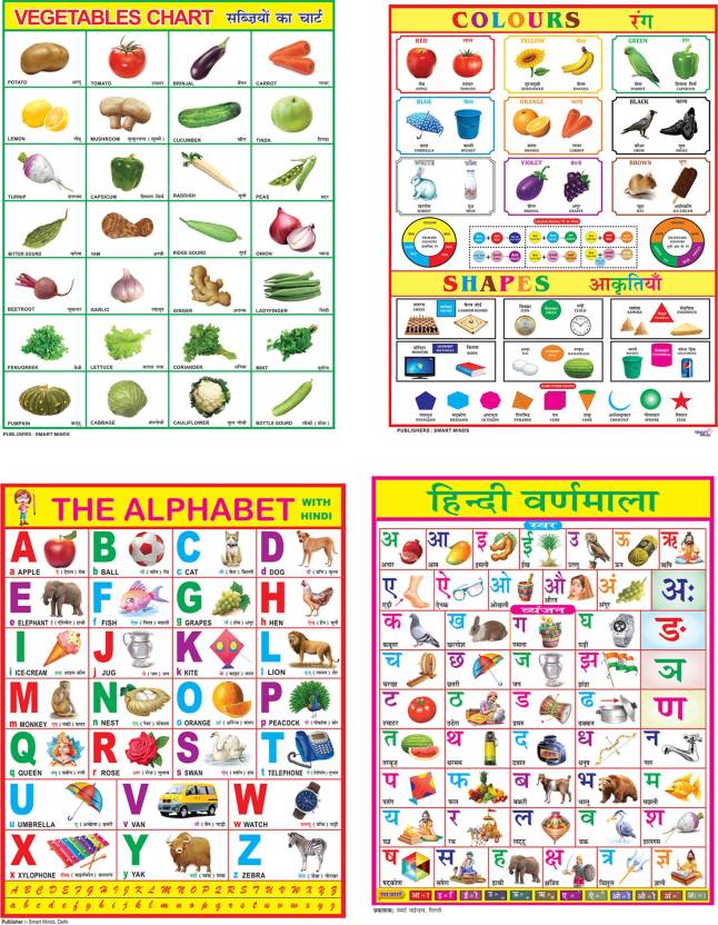 Combo of 4 Chart Hindi Varnmala, English Alphabet, Vegetables