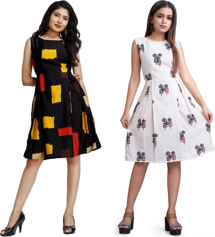 Women Fit and Flare Red, Black Dress