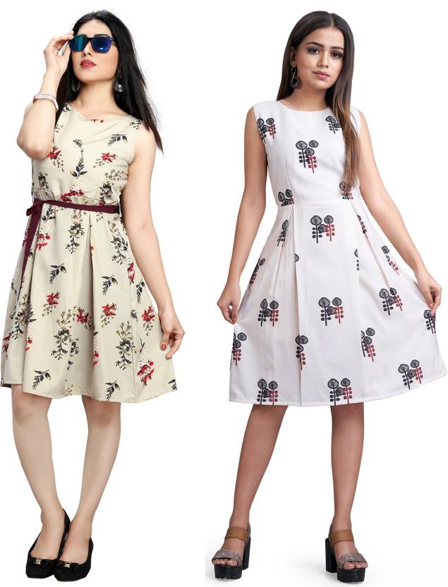 Women Fit and Flare Gold, White Dress