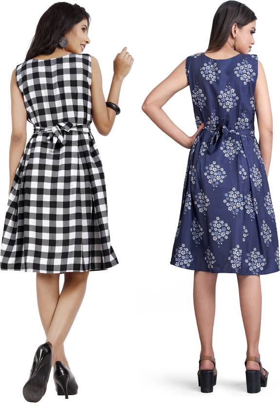 Women Fit and Flare White, Blue Dress