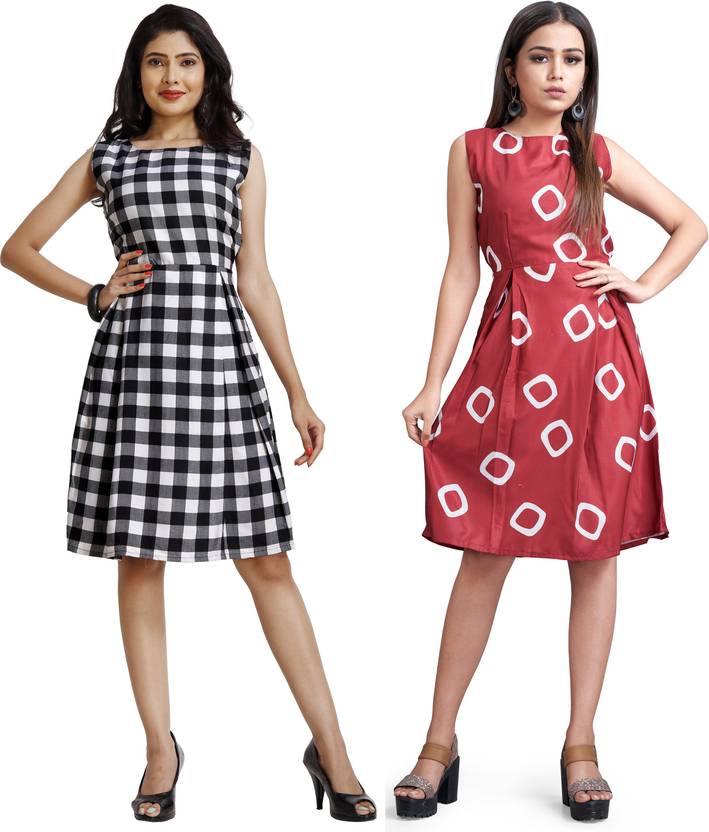 Women Fit and Flare White, Red Dress