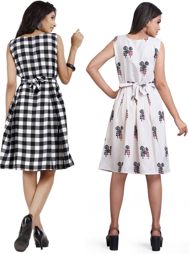 Women Fit and Flare White, Black Dress