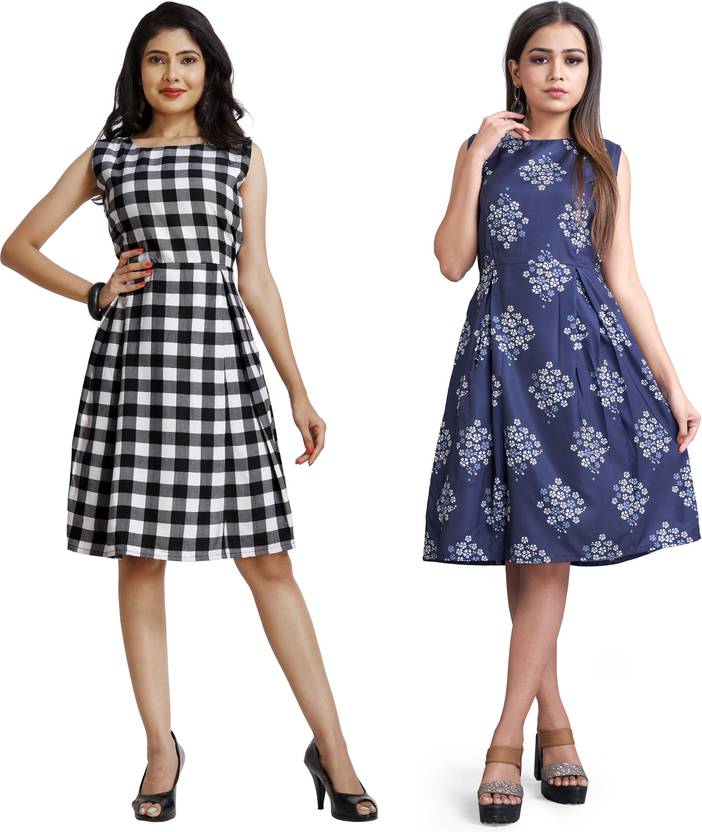 Women Fit and Flare White, Blue Dress