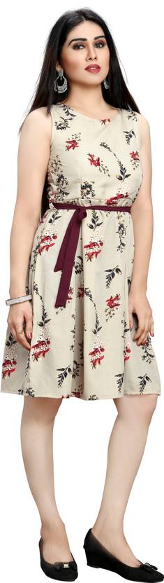 Women Fit and Flare Gold, White Dress