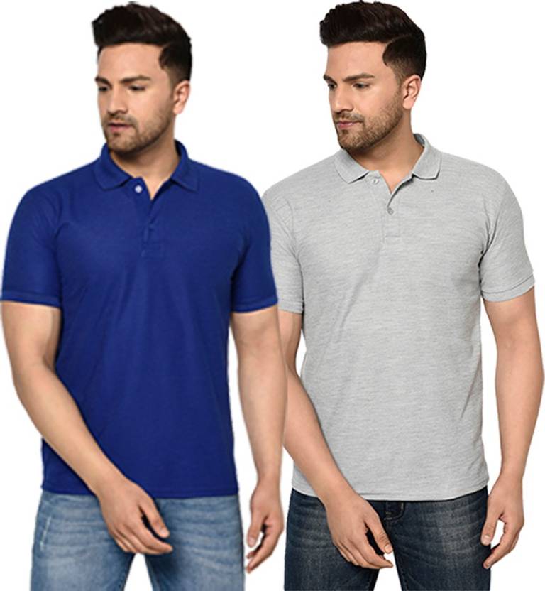 Galatea Pack of 2 Men Solid Polo Neck Polyester Blue, Grey T-Shirt