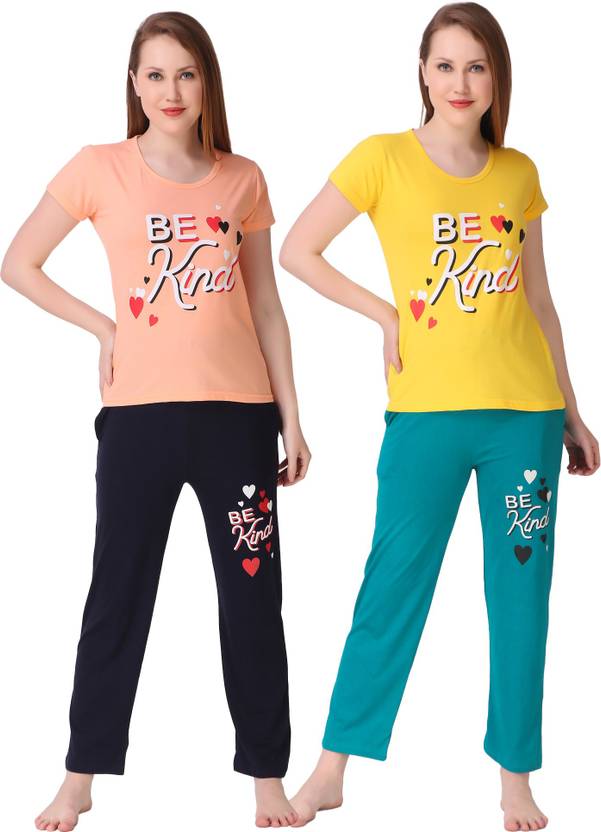 Women Top & Pyjama Set Multicolor Printed
