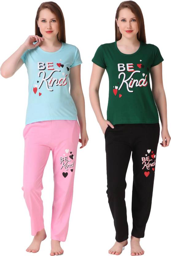 Women Top & Pyjama Set Multicolor Solid