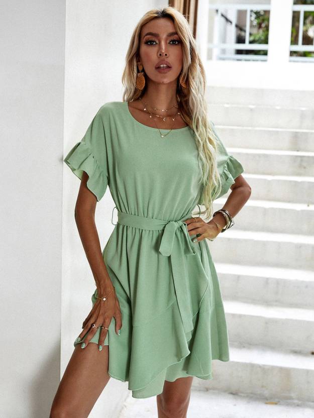 VELOCEE by LOVZme Women Cinched Waist Green Dress - Buy VELOCEE by ...