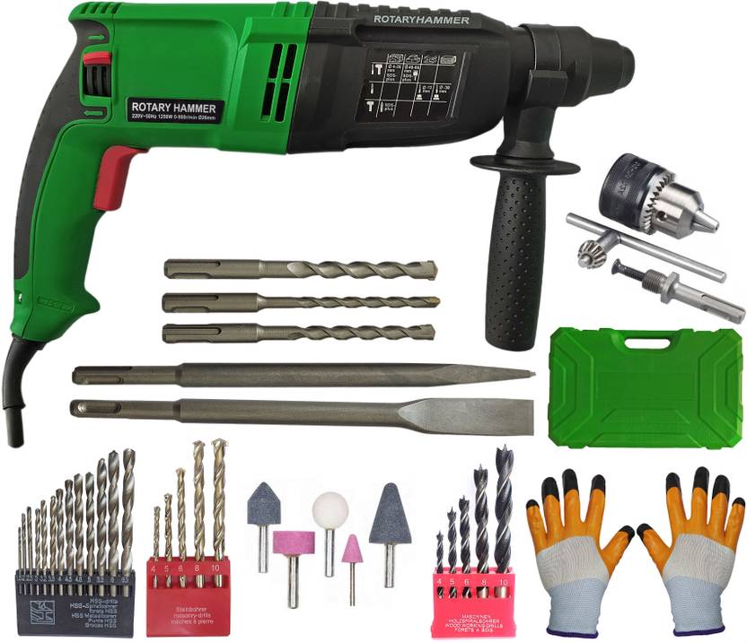 DUMDAAR 6 Month Warranty 1250W 26mm Hammer Machine with 5pc bit 5pc Mounted stone and 13mm drill