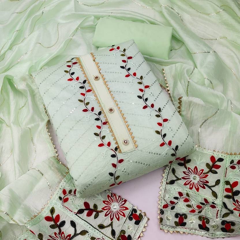 Unstitched Cotton Blend Salwar Suit Material Embroidered