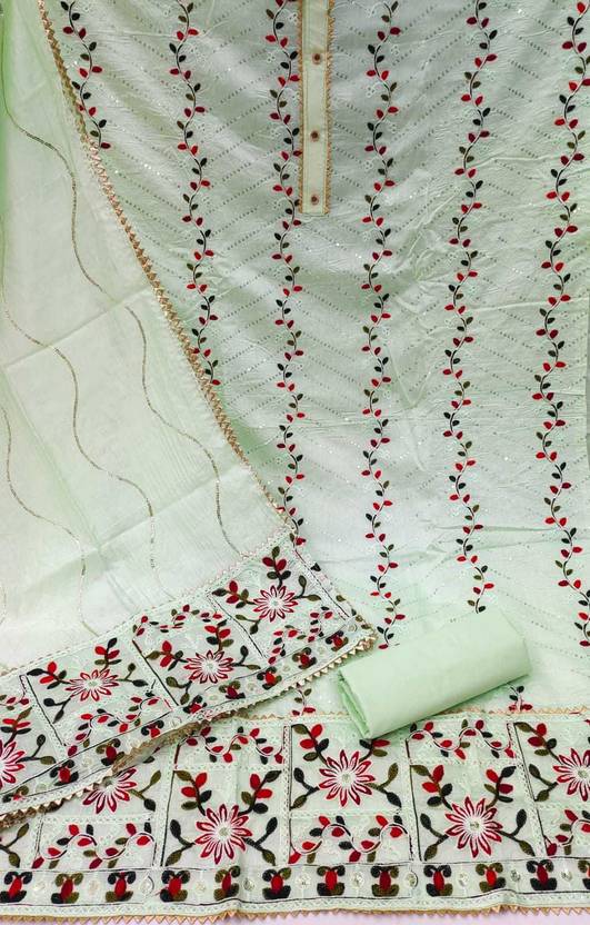 Unstitched Cotton Blend Salwar Suit Material Embroidered