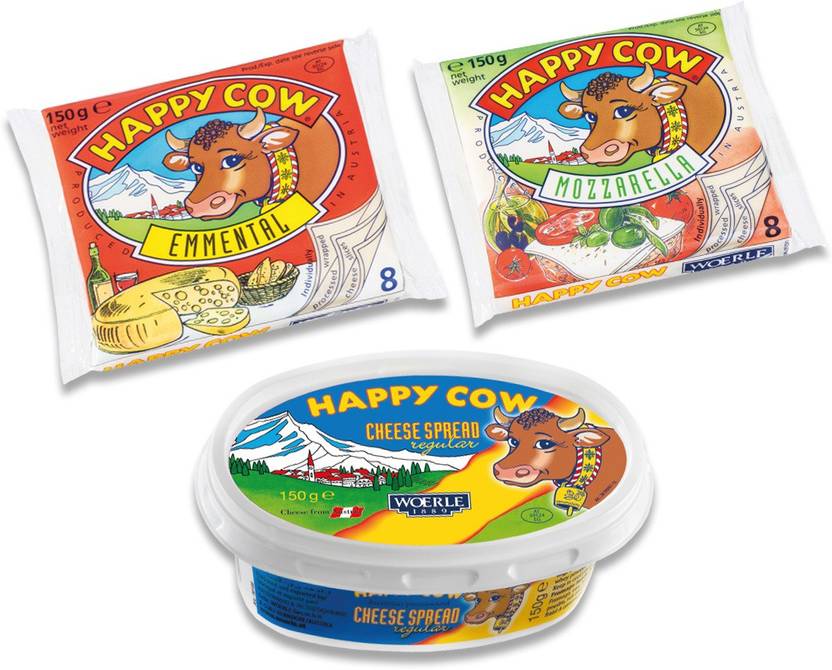 Happy Cow Veg Imported Cheese Spread 150g With150g Mozzarella & 150g Emmental Cheese Slice Combo
