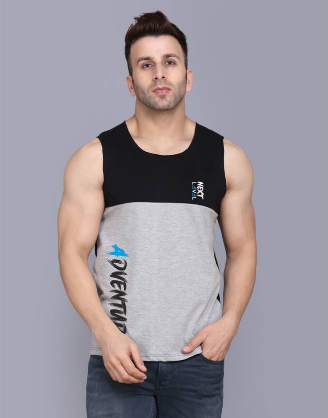 SLOWLORIS Typography Men Round Neck Black, Grey T-Shirt