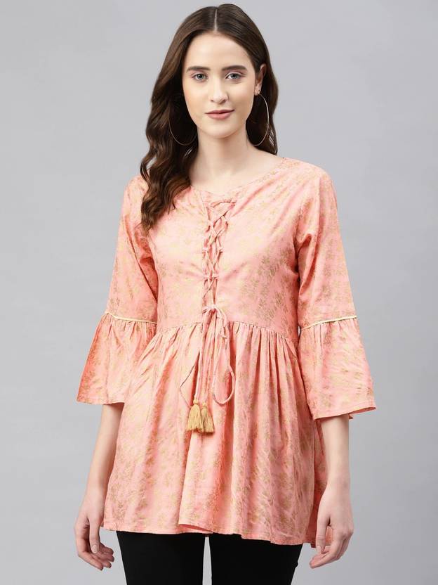 aayusika Casual Bell Sleeves Self Design Women Pink Top