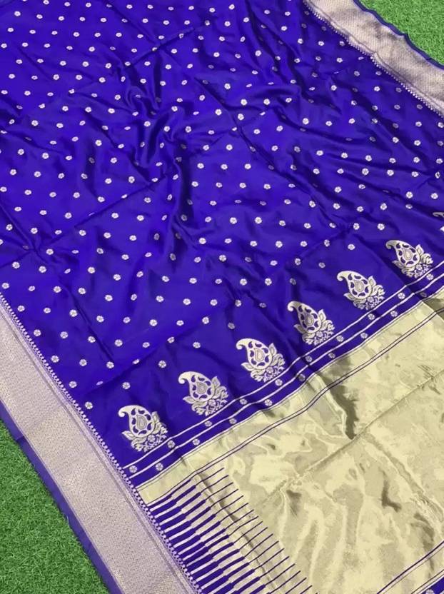Self Design, Printed, Embroidered, Embellished, Woven Kanjivaram Silk Blend, Jacquard Saree  (Dark Blue)
