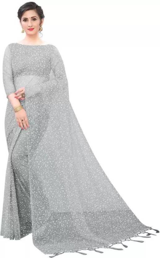 PRIMERION Printed, Self Design, Solid/Plain Bollywood Net Saree  (Grey)