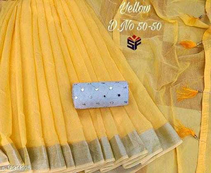 ANKITFASHION Solid/Plain, Embellished, Woven Chanderi Cotton Blend Saree