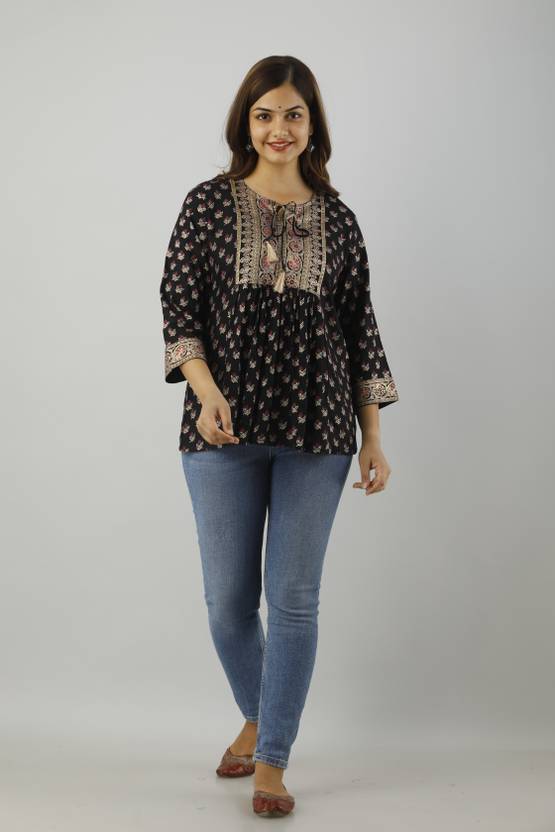 DMP EXPORT Casual Regular Sleeves Floral Print Women Black Top