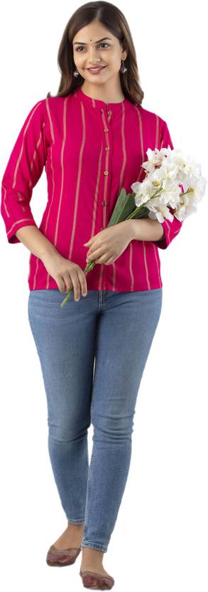 DMP FASHION Casual Regular Sleeves Striped Women Pink Top